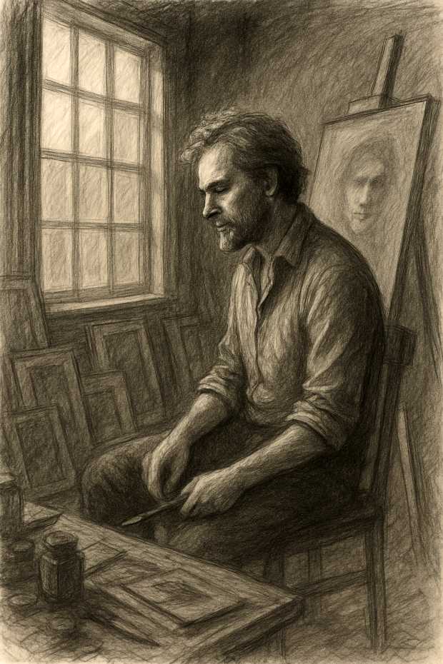 Der Künstler im Atelier - Atelier im Abendlicht